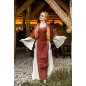 Mittelalterliches Kleid mit Bordüre "Sophie" - Natur/Rot  XXXL