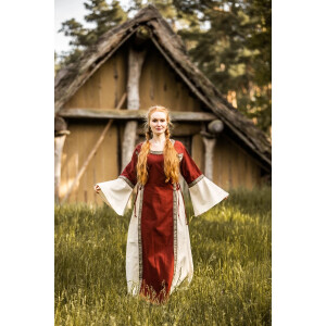 Mittelalterliches Kleid mit Bordüre "Sophie" - Natur/Rot  XXXL