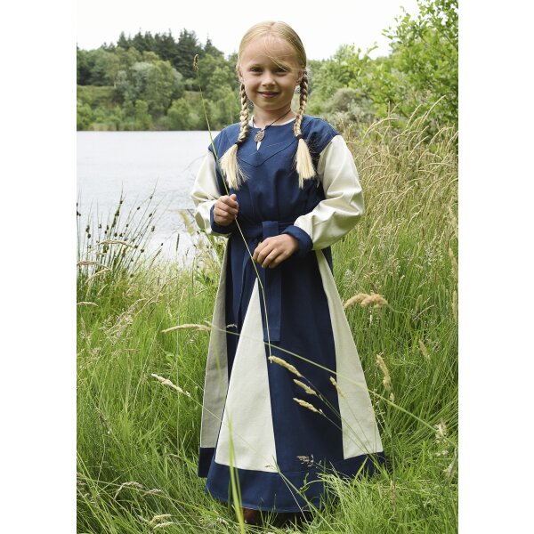 Kinder-Wikingerkleid Solveig, langarm, blau/natur, Gr. 164