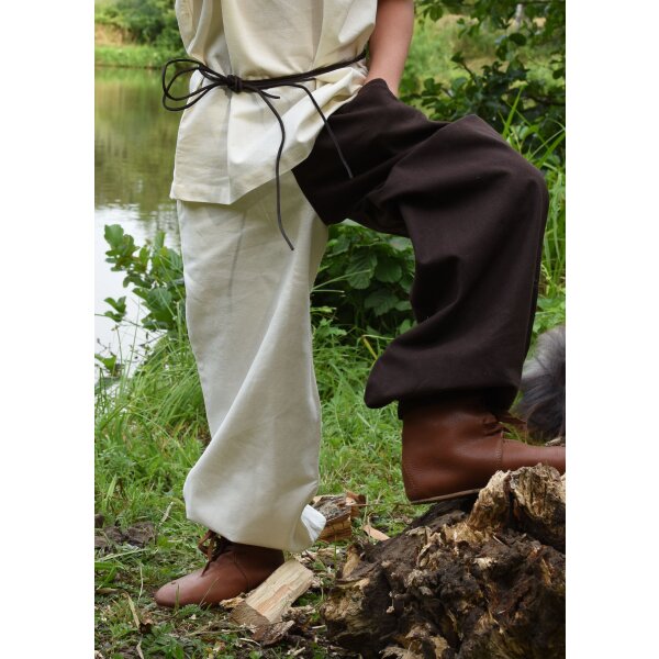 Wide medieval childrens trousers Thore, Mi-Parti, brown / nature, 110
