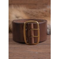 Dark brown leather belt with brass buckle app. 135cm