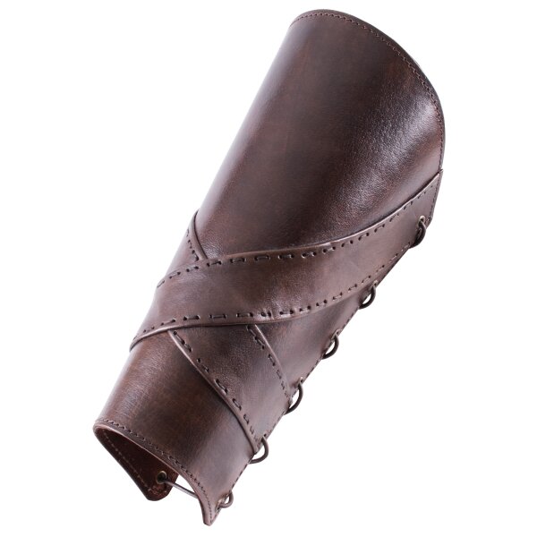 Padded leather shin guards with crossed straps, pair