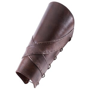 Padded leather shin guards with crossed straps, pair