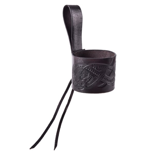 Leder Hornhalter schwarz für Trinkhorn, geprägter Drache, Jelling-Stil, versch. Größen