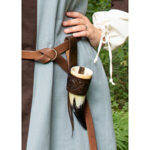 Leather horn holder for drinking horn brown, embossed dragon, Jelling style, various sizes