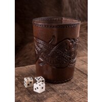 Leather dice cup brown, embossed dragon motif, Jelling style