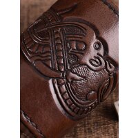 Leather dice cup brown, embossed dragon motif, Jelling style