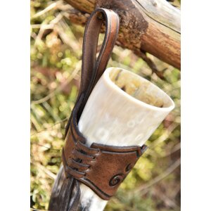 Leather horn holder for drinking horn dark brown, embossed triskele, size S 0,2-0,3l