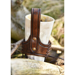 Leather horn holder for drinking horn dark brown, embossed triskele, size S 0,2-0,3l