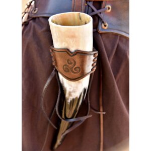 Leather horn holder for drinking horn dark brown, embossed triskele, size S 0,2-0,3l