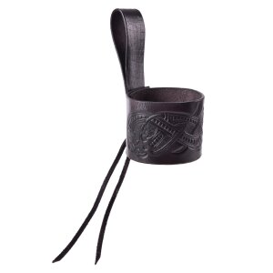 Leder Hornhalter schwarz für Trinkhorn, geprägter Drache, Jelling-Stil, 0,4 - 0,9l