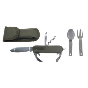 Couteau de poche, olive, fourchette et cuillère