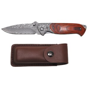Damascus folding knife with wooden handle and leather case