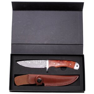Damascus knife with red quince wood inlay with leather...