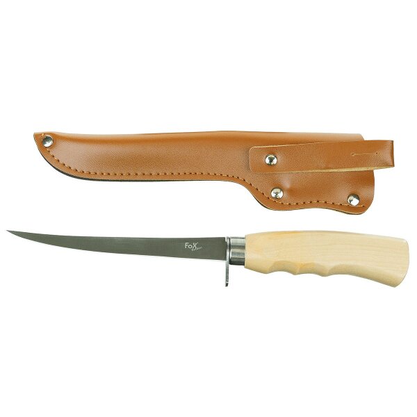 Fishing knife or fillet knife with birch wood handle and leather sheath