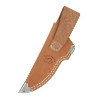 Impala knife with trailing point blade and leather slat handle