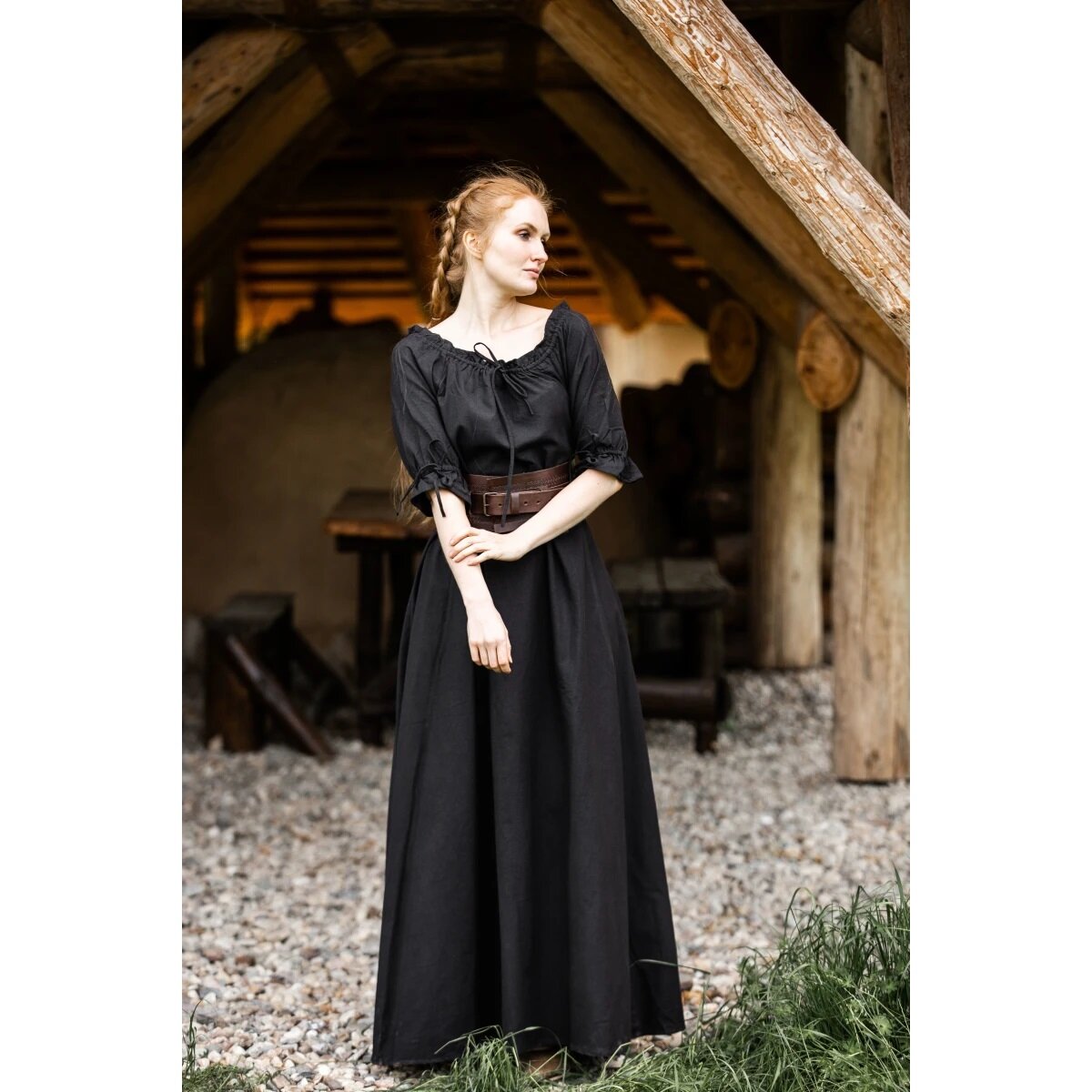 Bodenlanges Kurzarmkleid Schwarz "Melisande"