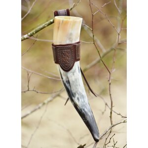 Leder Hornhalter für Trinkhorn mit Prägung und Wildleder, dunkelbraun