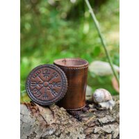 Würfelbecher aus Leder mit Deckel, Vegvisir-Prägung, braun