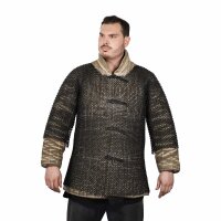 mittelalterliches Halbarm Kettenhemd Haubergeon, Rundringe unvernietet, ID 10 mm, Kohlenstoffstahl geschwärzt