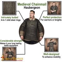 mittelalterliches Halbarm Kettenhemd Haubergeon, Rundringe unvernietet, ID 10 mm, Kohlenstoffstahl geschwärzt