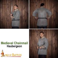 mittelalterliches Halbarm Kettenhemd Haubergeon, Rundringe unvernietet, ID 10 mm, Kohlenstoffstahl blank