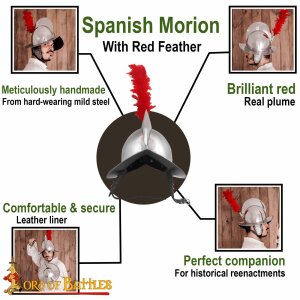 Spanischer Morion-Helm mit rotem Federschmuck und Futter 16 Gauge (1,6 mm)