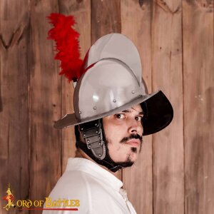 Spanischer Morion-Helm mit rotem Federschmuck und Futter 16 Gauge (1,6 mm)