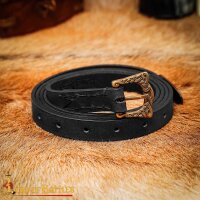 Verzierter Wikinger Ledergürtel mit Messingschnalle und Riemenzunge Antik finish Schwarz