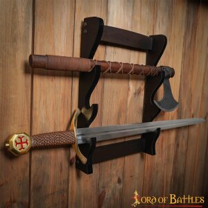 Waffenständer Wandhalter für 3 Schwerter oder Äxte aus Hartholz Dunkelbraun