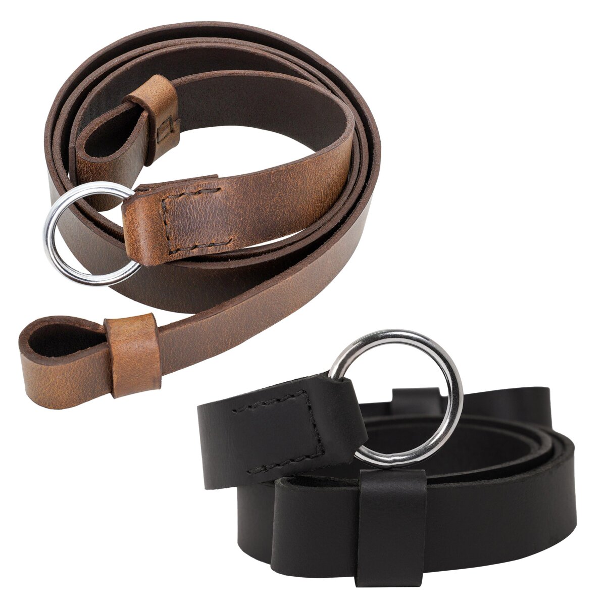 Leather Belt with Lustrous Steel Ring Genuine Leather...