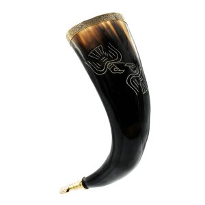 Medieval Odins Ravens Drinking Horn with Pure Brass...