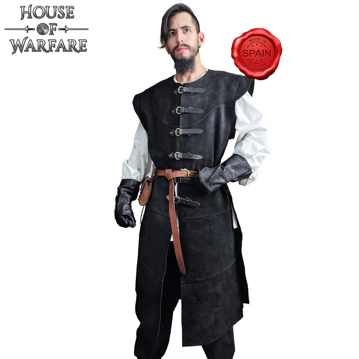 Tabard in pelle scamosciata con fibbie per Larp tipo 3 Nero