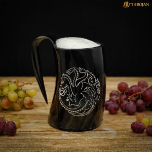 Wikinger Hornkrug Bierkrug mit Lederriemen Gürtelhalterung 600ml "Dreiköpfiger Drache"