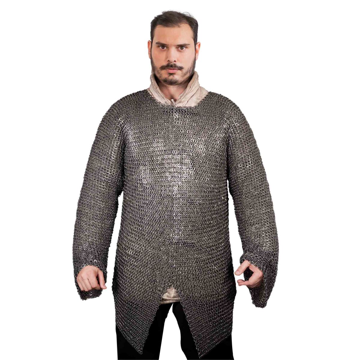 langarm Kettenhemd Flachringe Hauberk, vernietet 4-in-1, ID 9 mm, Stahl blank - XL