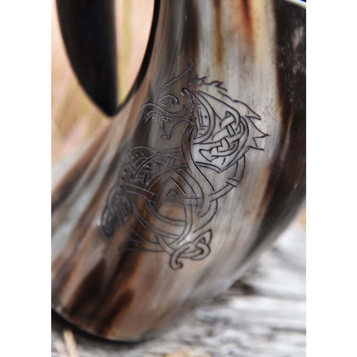 Beer mug made of horn - "Fenrir, the Nordic wolf"