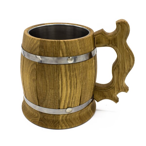 Rustic oak beer mug with stainless steel tray