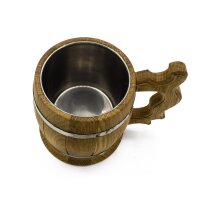 Rustic oak beer mug with stainless steel tray