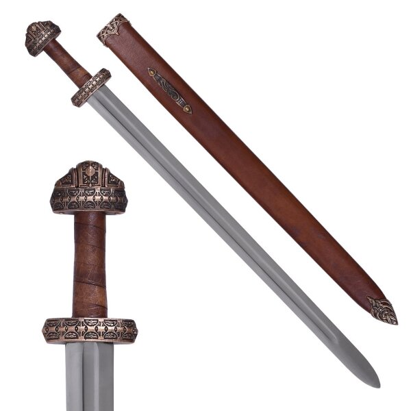 Viking sword type Insel Eigg with leather handle 9th century decoration incl. scabbard