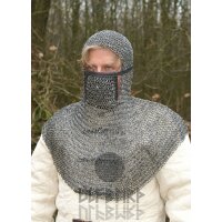 Chainmail coif with square face mask, round rings with round rivets, Ø 8mm, 1.4mm wide, steel
