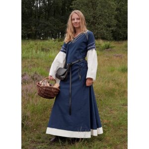 High medieval dress Alvina with trumpet sleeves blue/natural white