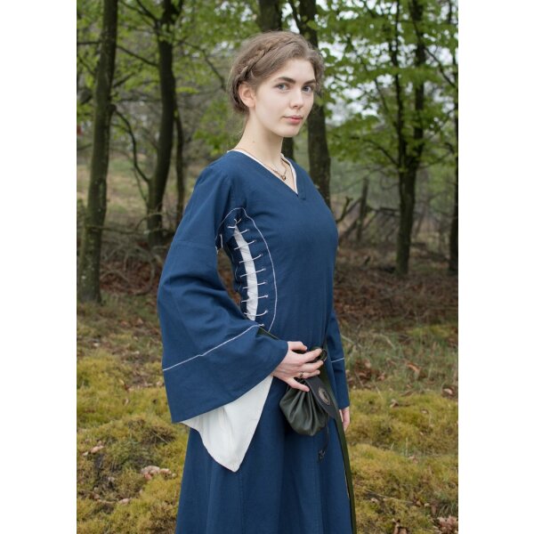Spätmittelalterliches Höllenfensterkleid Bliaut Amal Blau/Natur M